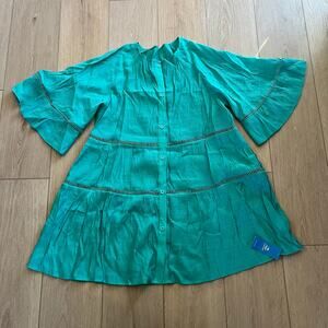 Cupshe Women’s Teal Full Button Mini Dress/Swim Cover Sz L